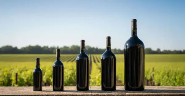 Cinq bouteilles de vin rouge de tailles variées, de la plus petite à une imposante bouteille de 9 litres, alignées devant un vignoble verdoyant.