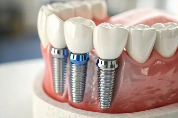 Tres implantes dentarios de titanio con coronas blancas, anclados en encías rosadas, listos para devolver una sonrisa.
