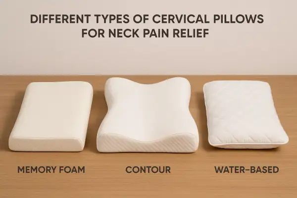 Three types of almohada para cervical for neck pain relief: memory foam, contour, and water-based.