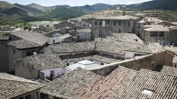Tejado de un pueblo con colinas al fondo. Se vislumbran las torres del puente de San Valero.