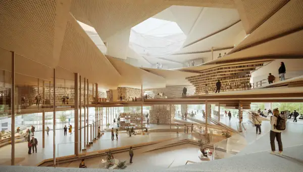 Nowoczesna biblioteka z wielopoziomowymi półkami, drewnianymi elementami i ludźmi.