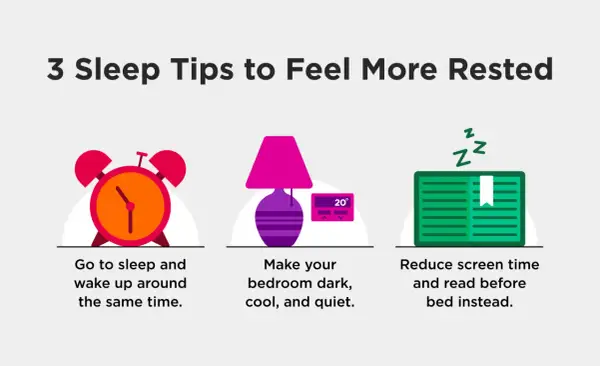 3 sleep tips for feeling more awake: consistent sleep schedule, dark/cool/quiet room, and reading instead of screens.