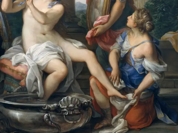 Erotic Renaissance art: A woman bathes, attended by another, in a scene of opulent sensuality.