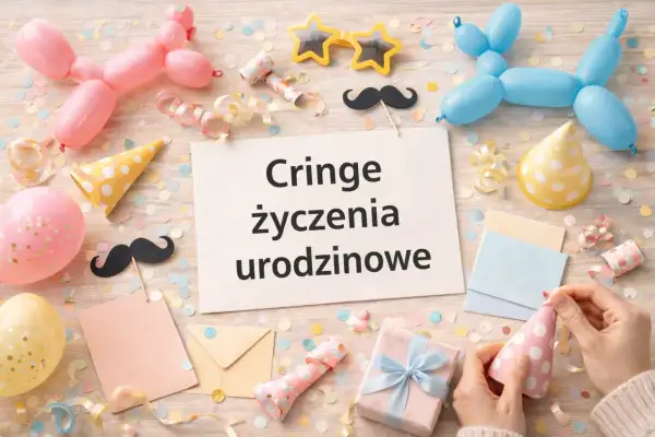 Urodzinowe dekoracje, balony i konfetti. Na kartce napis: "Cringe życzenia urodzinowe". Idealne na śmieszne wierszyki dla dorosłych.