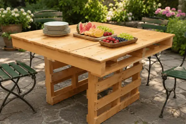 Tavolo da giardino fai da te con pallet, pronto per un picnic con frutta fresca e piatti.