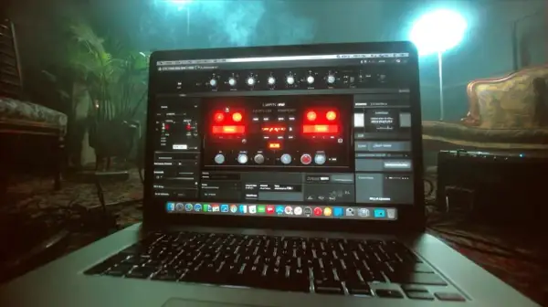 Laptop screen displays a vocal chorus plugin interface, with glowing red knobs and sliders, set in a dimly lit room with plants and furniture.