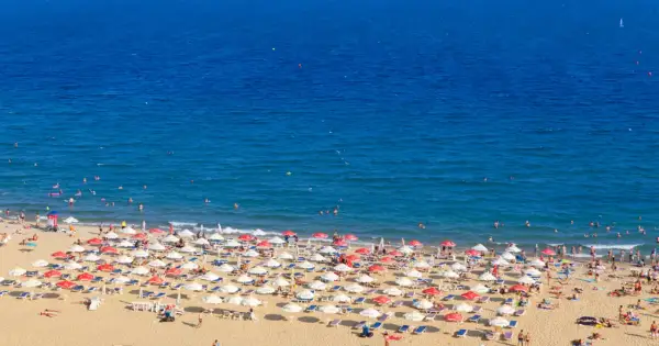 Słoneczny brzeg tętni życiem. Tłumy plażowiczów odpoczywają pod parasolami, kąpią się w morzu i opalają na piasku.
