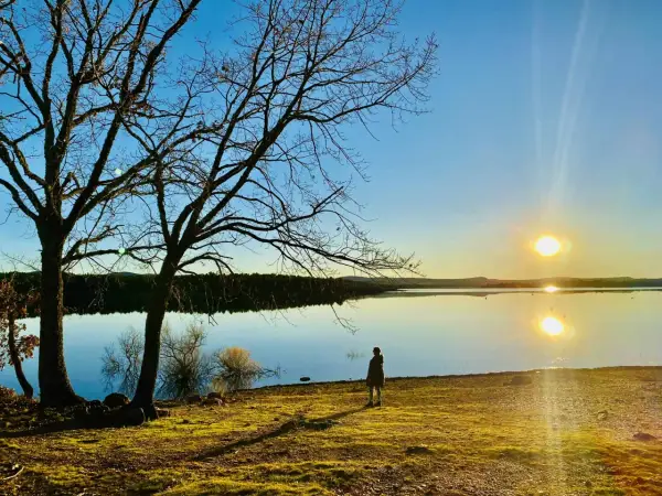 Una persona contempla el atardecer en la playa de Soria, con árboles desnudos y el sol reflejado en el agua serena.