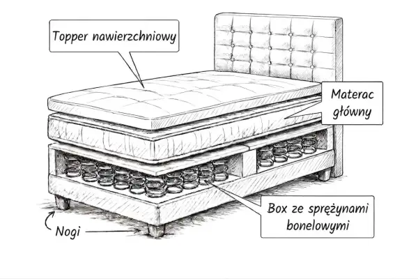 Rozkład łóżka: topper nawierzchniowy, materac główny, box ze sprężynami bonelowymi i nogi.