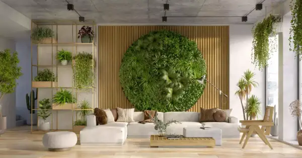 Un salon moderne avec un mur végétal circulaire, des étagères remplies de plantes et un canapé blanc. Ce design biophilique invite la nature à l'intérieur.