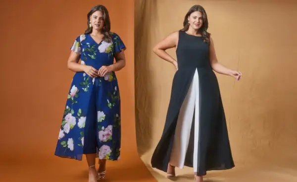 Dwie kobiety plus size w eleganckich kombinezonach: jeden w kwiaty, drugi czarny z białymi spodniami.