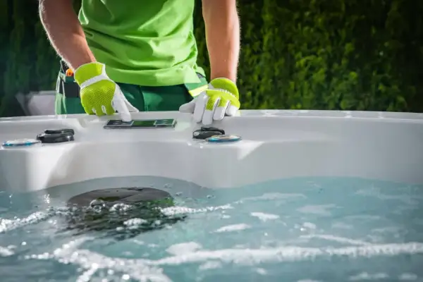 Osoba w zielonej koszulce i rękawiczkach obsługuje panel sterowania jacuzzi.