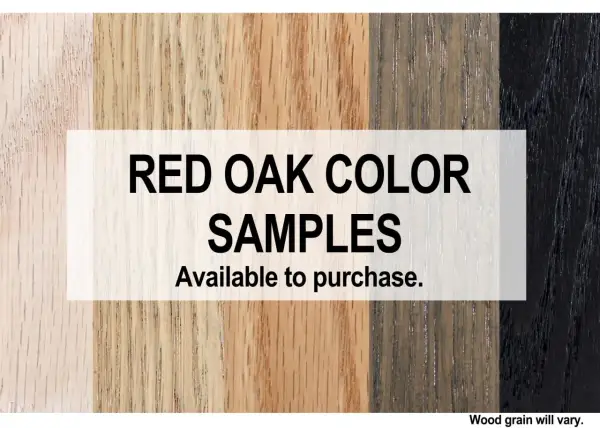 Muestras de color de roble rojo, incluyendo tonos naturales y teñidos. La madera roja natural es visible en varios tonos.