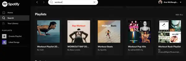 Spotify search results for "workout" show various workout playlist covers, including "Workout Playlist 20...", "WORKOUT RAP 20...", "Workout Beats", "Workout Pop Hits", and "Workout Rock Playlist".