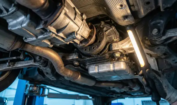 Mechanik bada podwozie auta, szukając przyczyn drgań automatycznej skrzyni biegów na D.