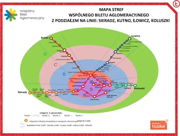 Mapa stref wspólnego biletu aglomeracyjnego z podziałem na linie: Sieradz, Kutno, Łowicz, Koluszki. Sprawdź, gdzie kupić mpk łódź bilety.