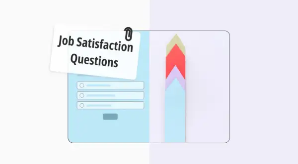 Diseño de cuestionarios de satisfacción laboral con opciones de respuesta y flechas de progreso de colores.