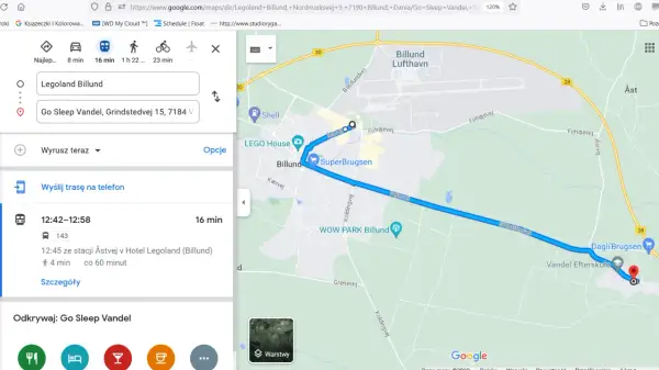 Trasa z Legoland Billund do Go Sleep Vandel w Danii. Podróż autobusem 143 zajmie 16 minut.