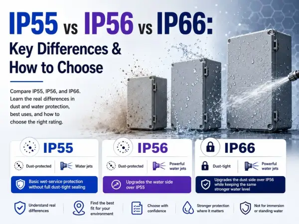 Comparaison des indices de protection IP55, IP56 et IP66. Le signification IP55 indique une protection contre la poussière et les jets d'eau.