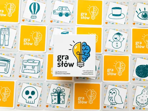 Karty z gry "Gra słów" z rysunkami: balon, samochód, spodnie, czapka, oko, bałwan, książka, teczka, czaszka, prezent, sowa. Zgadnij jakie to słowo!