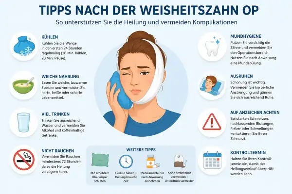 Tipps zur regenerationszeit nach op: Frau kühlt Wange, isst weich, trinkt viel, ruht sich aus. Wichtig: Mundhygiene, keine Anstrengung, auf Warnzeichen achten.