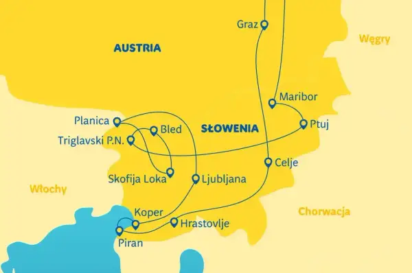 Mapa Słowenii z zaznaczonymi trasami. Pokażę najkrótsza droga do Chorwacji przez Austrię i Słowenię, z miastami jak Bled, Ljubljana, Piran.