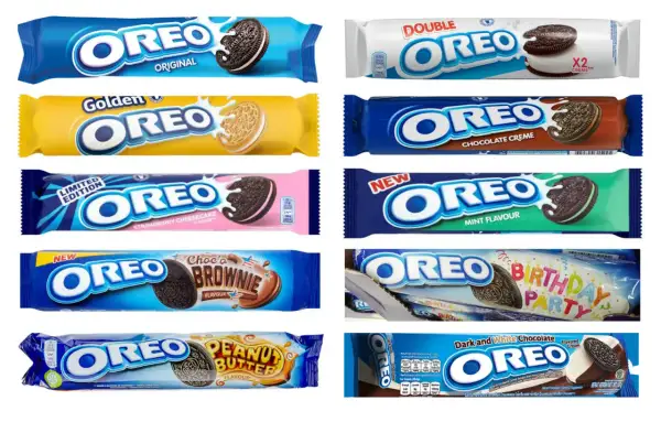 Różne smaki ciastek Oreo: Original, Golden, Strawberry Cheesecake, Choco's Brownie, Peanut Butter, Double Creme, Chocolate Creme, Mint, Birthday Party, Dark and White Chocolate.