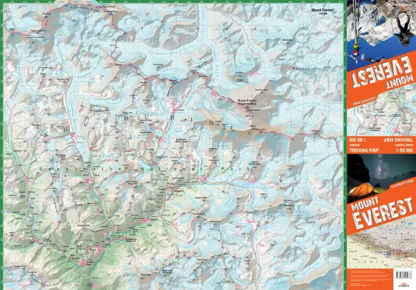 Mapa szlaków trekkingowych w Himalajach, pokazująca gdzie leży Mount Everest (Sagarmatha) i okoliczne szczyty, lodowce oraz wioski.