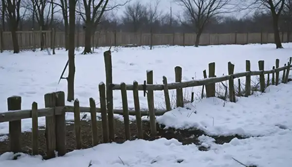Zimowy krajobraz z drewnianym płotem. Kilka słupków ogrodzeniowych jest pochylonych, co sugeruje potrzebę naprawy i pytanie, jak wyprostować słupek ogrodzeniowy.