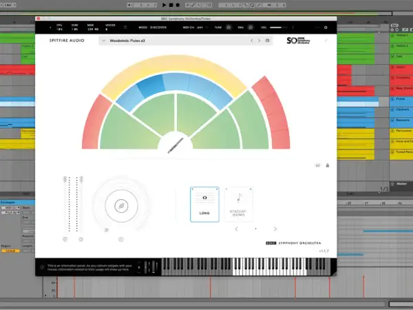Spitfire Audio's BBC Symphony Orchestra VST plugin interface, showing woodwinds and a virtual keyboard.