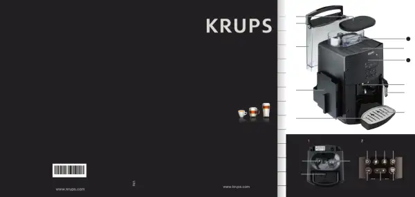 Ilustracja przedstawia ekspres do kawy Krups z zaznaczonymi elementami, pomocna przy korzystaniu z instrukcji obsługi.