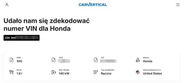 Jak sprawdzić wyposażenie auta po VIN? Wyniki dekodowania numeru VIN dla Hondy: silnik 1.8 l, 140 kW, skrzynia ręczna, produkcja USA.