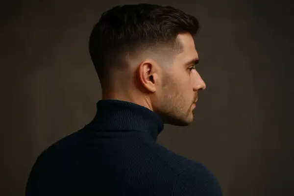 Profil d'un homme avec un dégradé net sur ses cheveux courts. Le style taper cheveux court met en valeur ses traits.