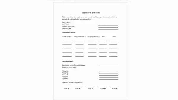 A split sheet template for documenting song details, writer contributions, and royalty splits.