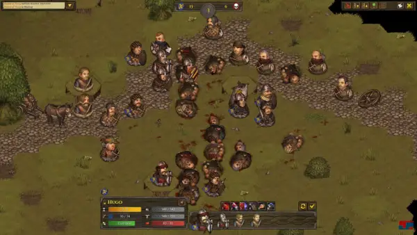 Schlachtfeld mit vielen gefallenen Kriegern, ein paar Überlebende kämpfen weiter. Ein Esel zieht einen Karren. Battle Brothers.