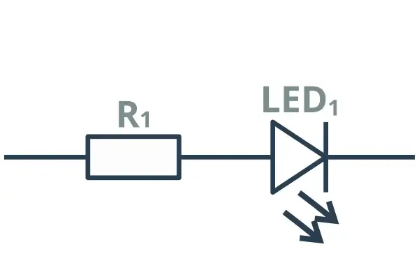 Schemat obwodu: rezystor R1 i dioda LED1 w połączenie szeregowe.