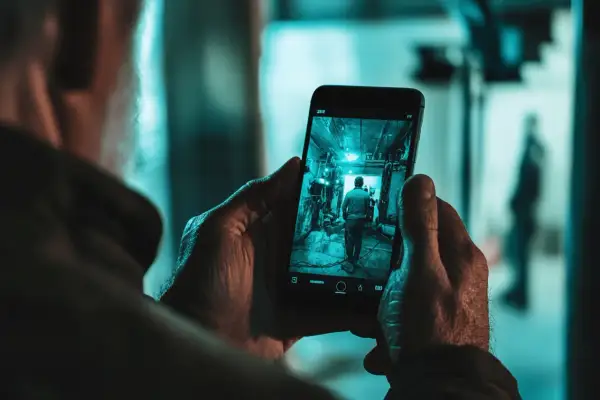 Un homme utilise son smartphone pour surveiller sa maison. L'écran affiche une image en temps réel d'un couloir.