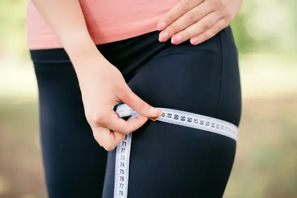 Kobieta mierzy obwód uda centymetrem krawieckim. Uda schudłam z ud 5 cm, co widać na taśmie mierniczej.
