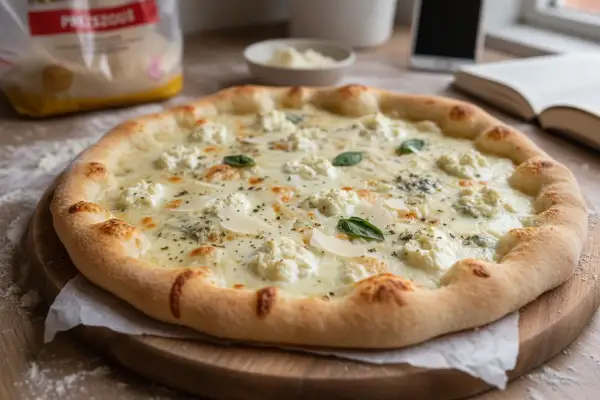 Une délicieuse pizza 4 fromage recette, prête à être dégustée. Ses fromages fondants et sa pâte dorée invitent à la gourmandise.