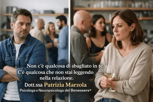 Uomo pensieroso, donna con bicchiere di vino. Il testo suggerisce come superare una brutta figura: "Non c'è qualcosa di sbagliato in te. C'è qualcosa che non stai leggendo nella relazione.