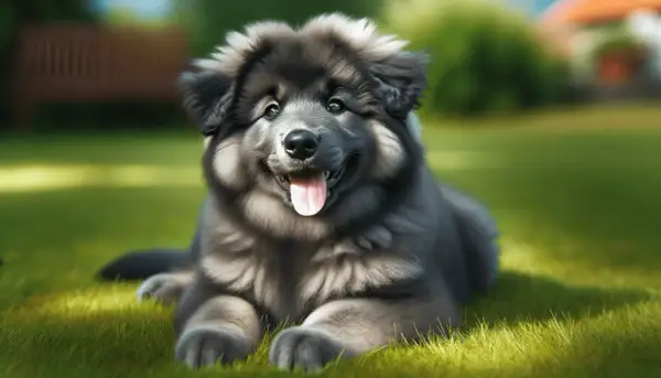 Szczeniak rasy blue bay shepherd leży na trawie, merdając ogonem.