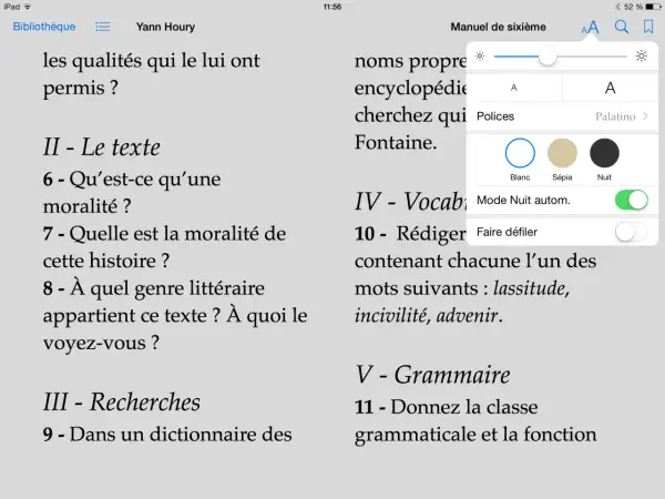 Lecture d'un livre au format epub, affichant des questions sur la moralité et la grammaire.
