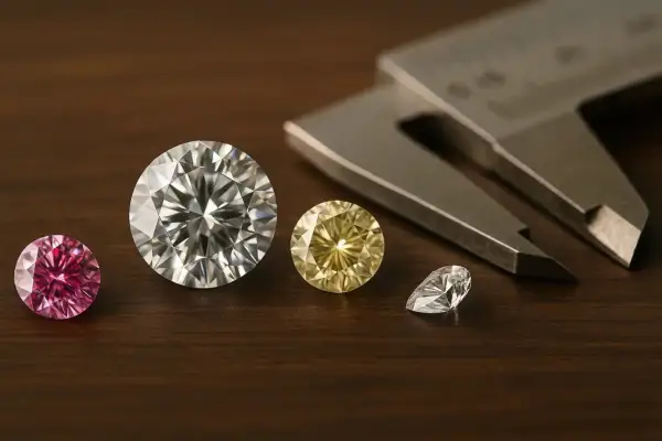 Różne diamenty, od różowego po żółty i biały, leżą obok suwmiarki. Zastanawiasz się, ile kosztuje diament?