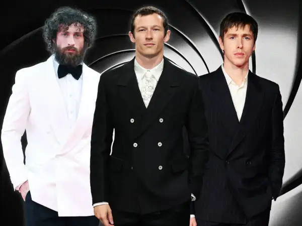 Tre män i kostym, en vit, en svart och en randig, poserar framför en Bond-inspirerad bakgrund. Kan någon av dem vara den nya James Bond?