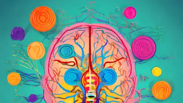 Cerveau coloré avec des vaisseaux sanguins et des cercles vibrants, symbolisant la manière de réguler son système nerveux.