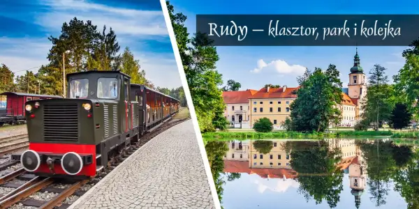 Kolejka wąskotorowa i malowniczy krajobraz z odbiciem w wodzie, ukazujące piękno opactwa cystersów w Rudach.