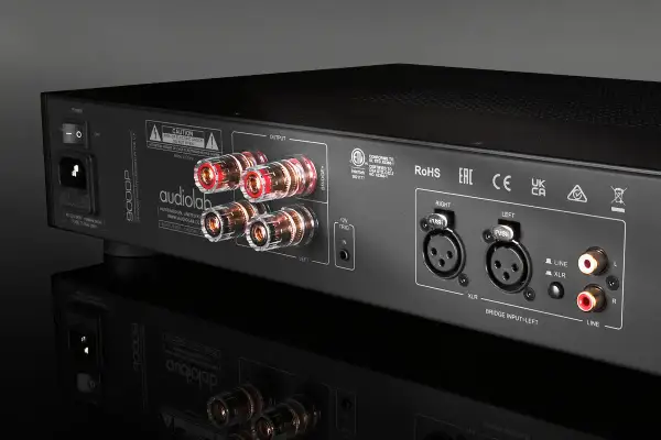 Tylna ścianka wzmacniacza mocy Audiolab 9000P z terminalami głośnikowymi, wejściami XLR i RCA.