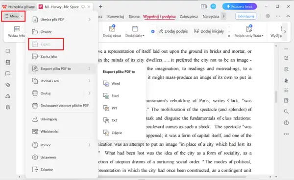 Menu "Zapisz" pozwala na edycję PDF. Wybierz opcję "Eksport pliku PDF to", aby przekonwertować dokument.