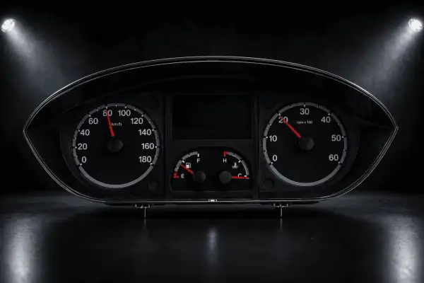 Instrumentpanel för V70 med hastighetsmätare, varvräknare, bränsle- och temperaturmätare. Antisladd service erfordras.