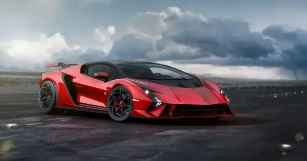Czerwony Lamborghini Aventador na mokrej nawierzchni, z burzowymi chmurami i wirującym tornado w tle.